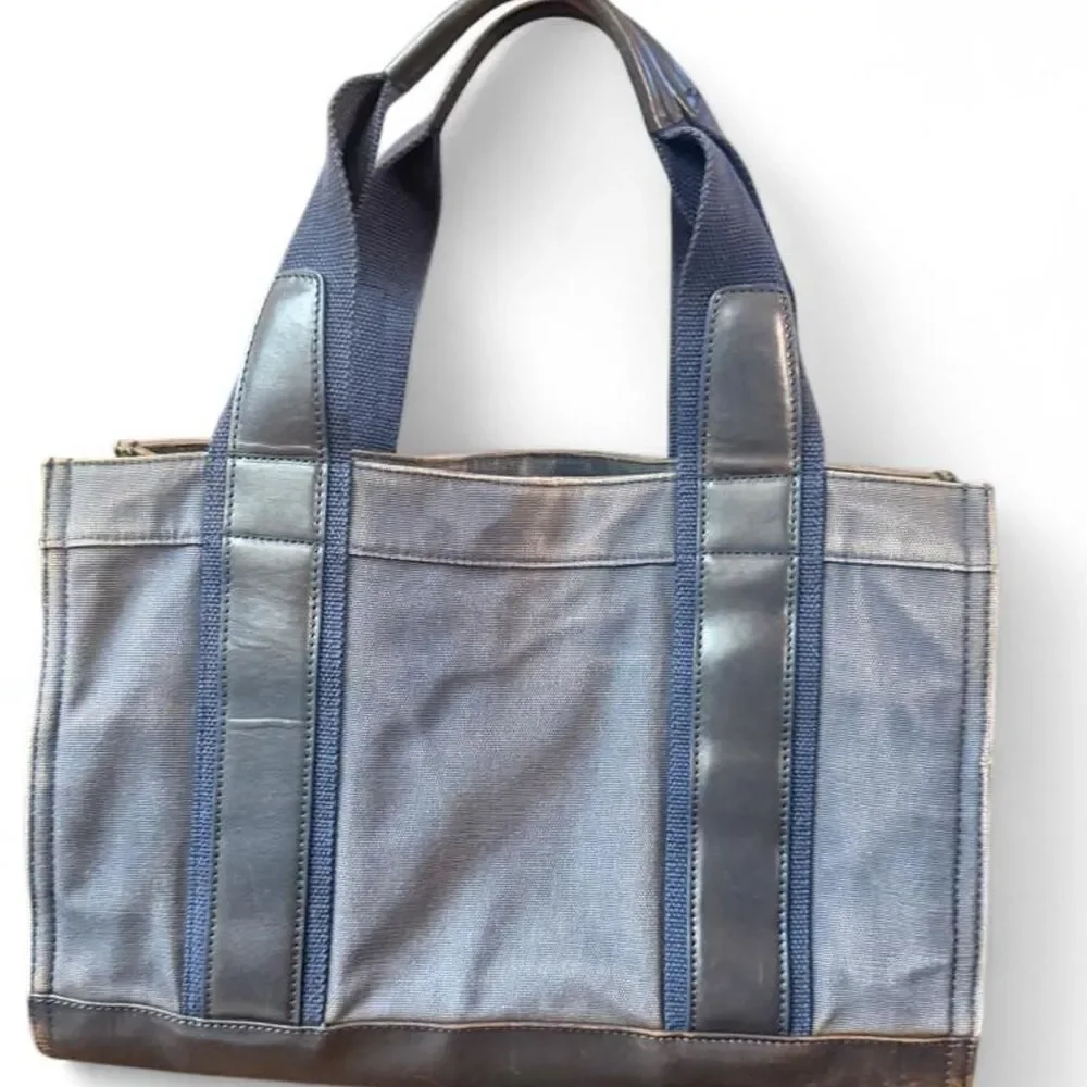 Tory Burch Distressed Navy Canvas Leather Tote Satchel Bag Vintage Look